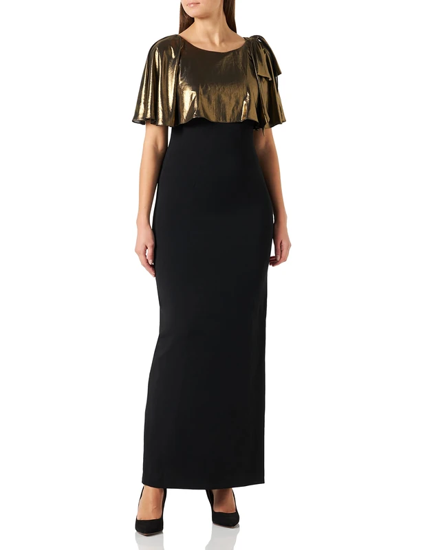 Gina Bacconi Women's Crepe and Chiffon Maxi Dress Cocktail, Black/Gold, 26