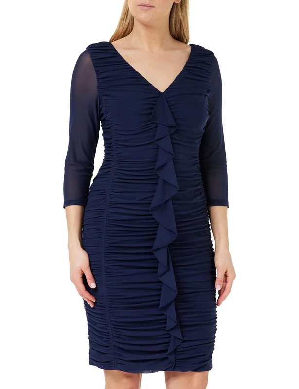 Gina Bacconi Women's Mesh Ruched Dress with Frill Cocktail, Spring Navy, 10