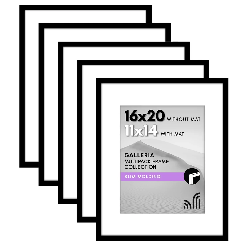 Americanflat Galleria Collection - 16x20 Picture Frame Set with Polished Plexiglass - Use as 11x14 with Mat or 16x20 without Mat - Black