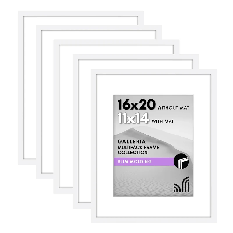 Americanflat 16x20 Picture Frame With Polished Plexiglass - Set of 5 - Use as 11x14 With Mat or 16x20 Without Mat - Galleria Collection - Gallery Wall Set for Wall Display - White