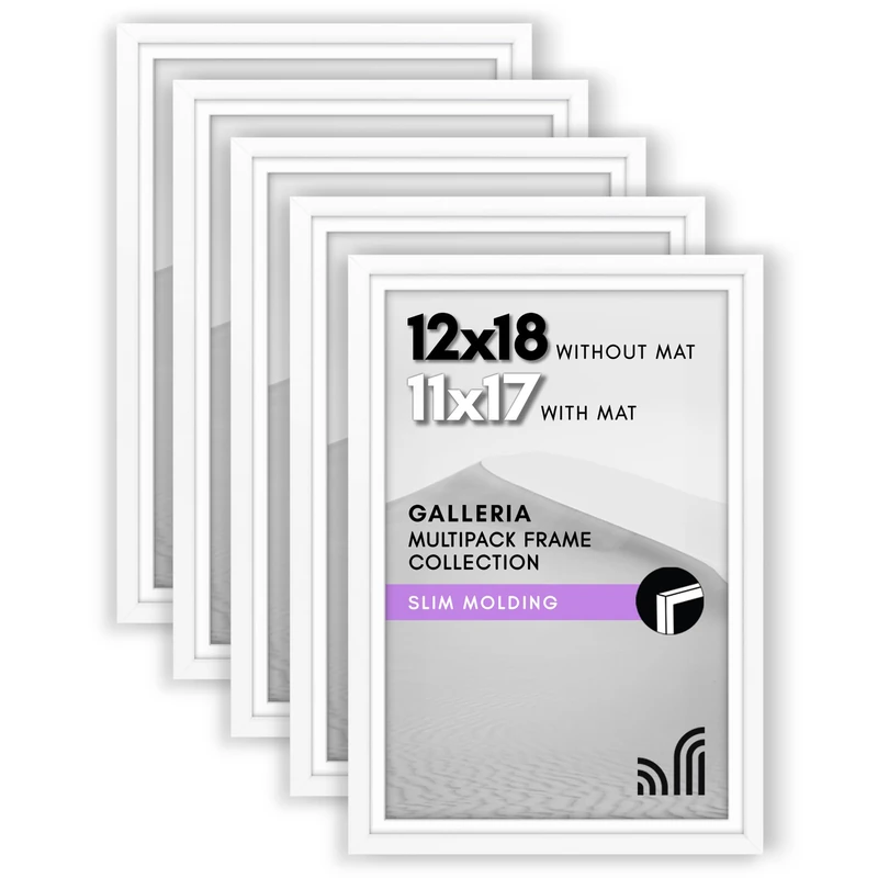 Americanflat Polished Plexiglass Poster Frame - Set of 5-12x18 or 11x17 with Mat - Galleria Collection - White