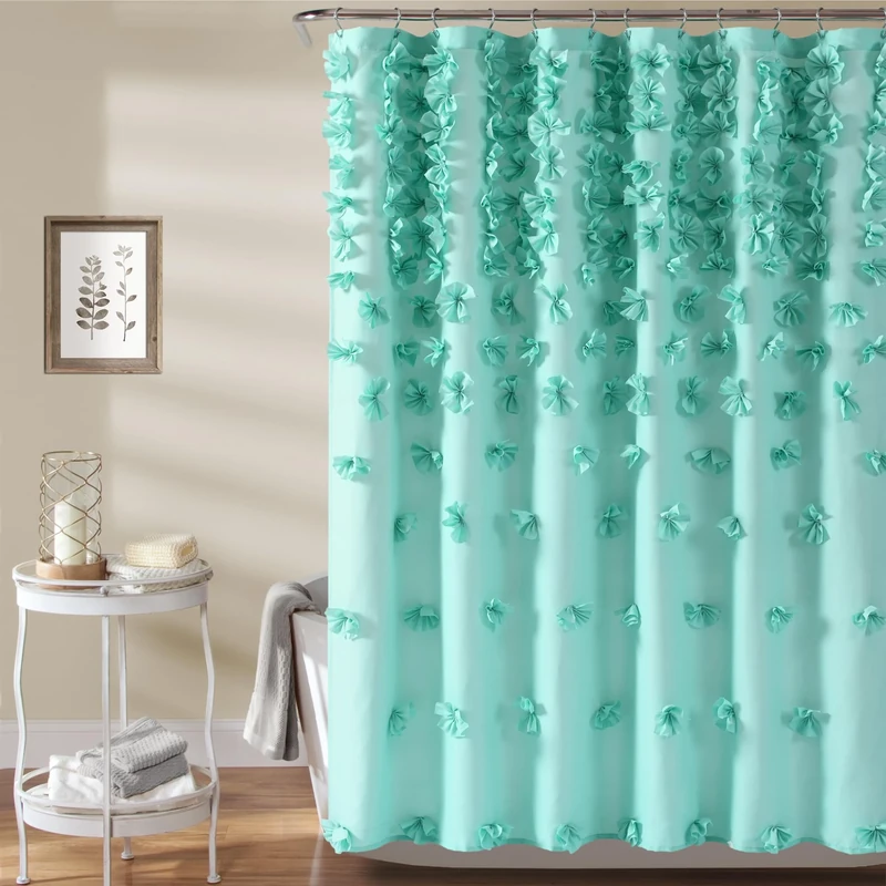 Lush Decor Riley Shower Curtain, 72" W x 72" L, Aqua - Luxury Shower Curtain With Bows - Charming Texture - Beautiful & Elegant Girly Bathroom Accessory - Romantic, Vintage Glam Bathroom Decor