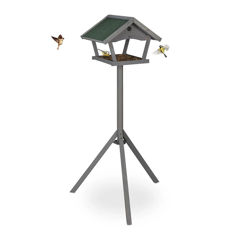 Relaxdays Free-Standing Bird Table, Birdhouse Feeder, HxWxD: 139 x 70 x 60 cm, Weatherproof Roof, Wood, Grey/Green