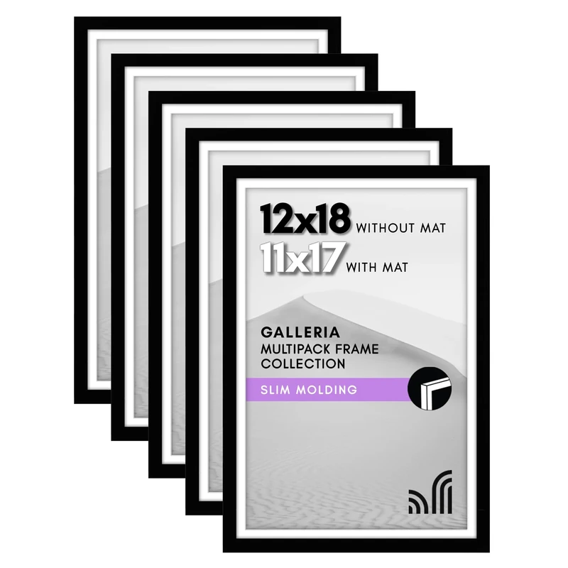 Americanflat 12x18 Poster Frame Set of 5 - Polished Plexiglass - Use as 11x17 With Mat or 12x18 Without Mat - Galleria Collection - Gallery Wall Display - Black