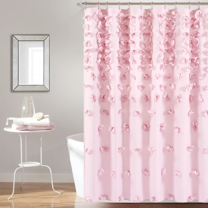 Lush Decor Riley Shower Curtain, 72" W x 72" L, Lilac - Luxury Shower Curtain With Bows - Charming Texture - Beautiful & Elegant Girly Bathroom Accessory - Romantic, Vintage Glam Bathroom Decor