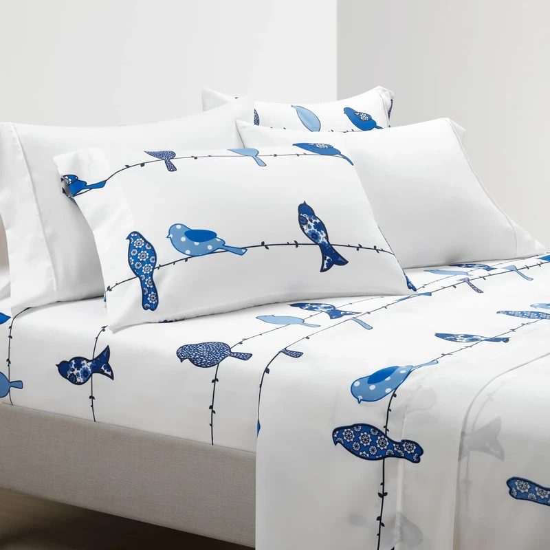 Lush Decor Rowley Birds Soft Sheet 6 Piece Set, Queen, Navy