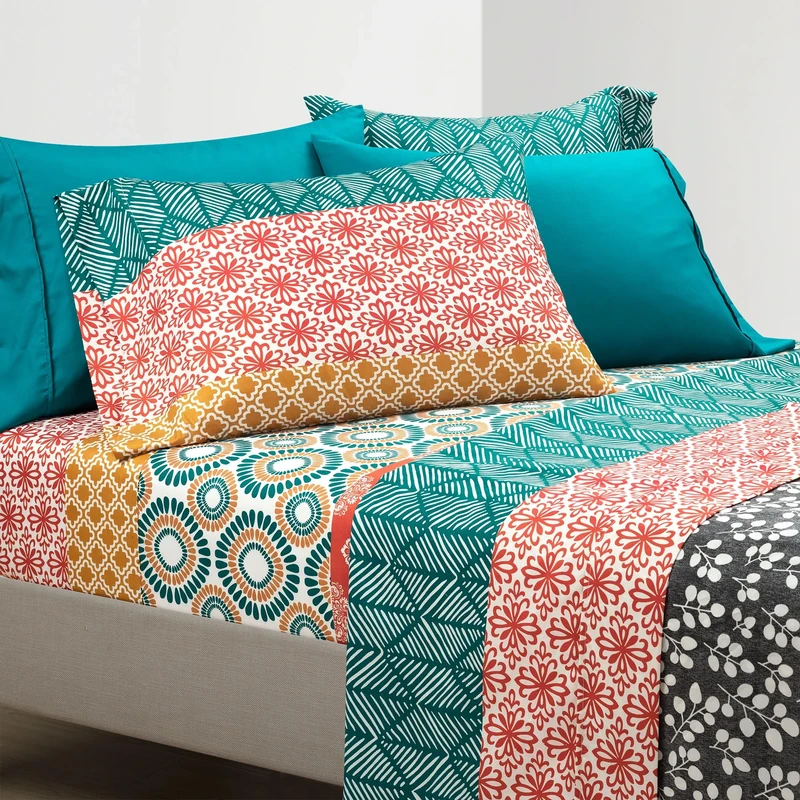 Lush Decor Bohemian Stripe Soft Sheet 6 Piece Set, King, Turquoise & Orange