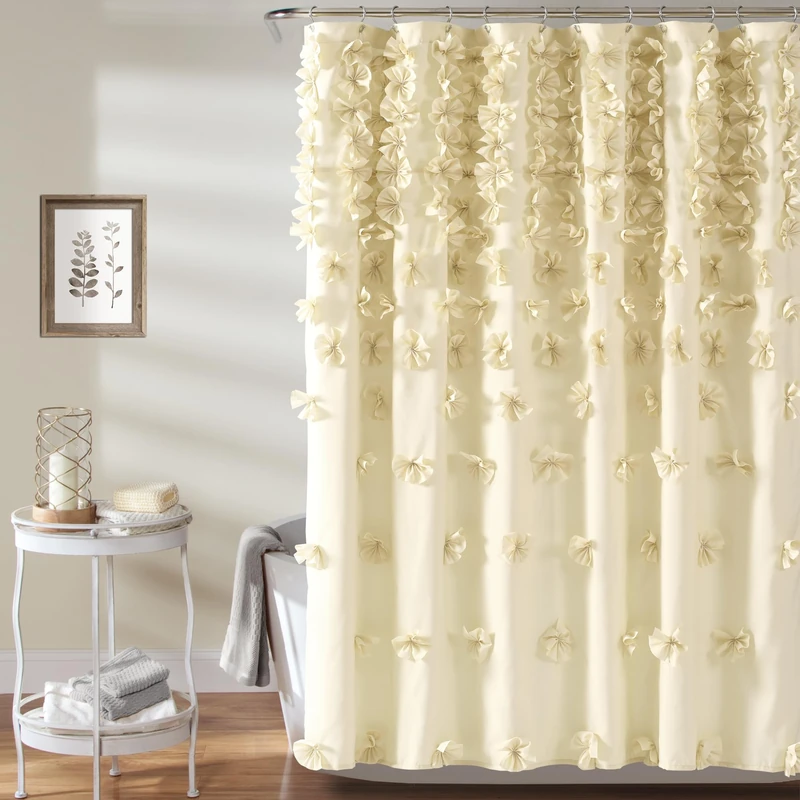 Lush Decor Riley Shower Curtain, 72" W x 72" L, Buttercream - Luxury Shower Curtain With Bows - Pretty Texture - Beautiful & Elegant Girly Bathroom Accessory - Romantic Vintage Glam Bathroom Decor
