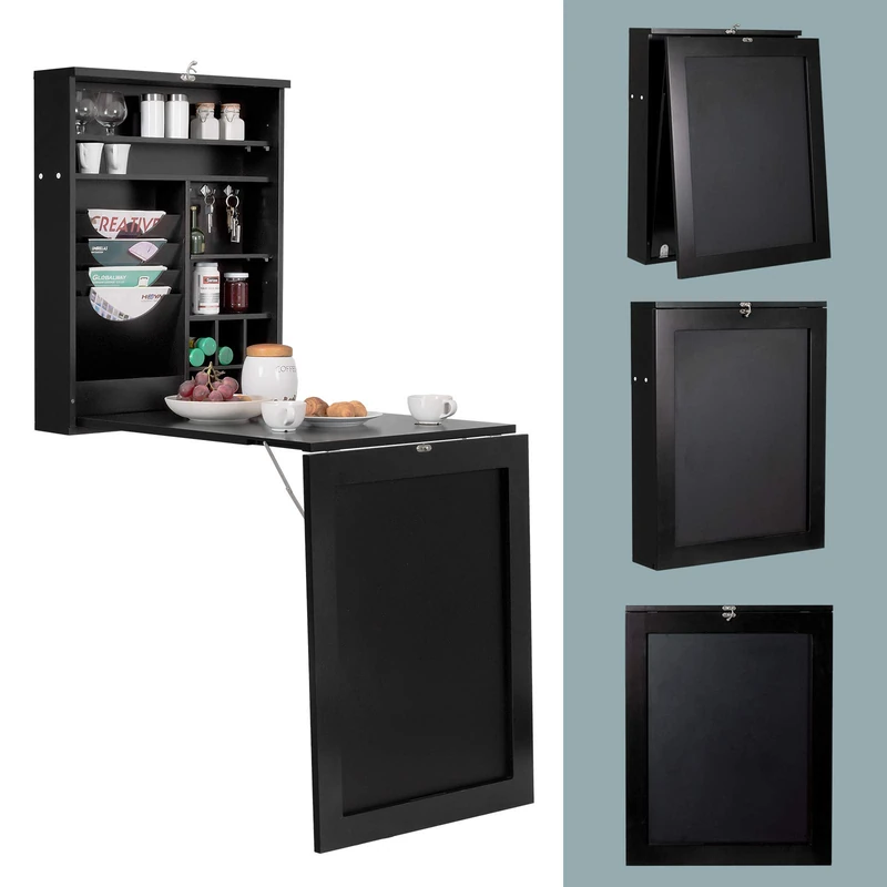 COSTWAY Folding Wall Table, Wall Folding Table with Board, Multifunctional Bar Table, Dining Table, Wall Mounted, Folding Desk, Kitchen Table, Laptop Table for Home and Office (Black)