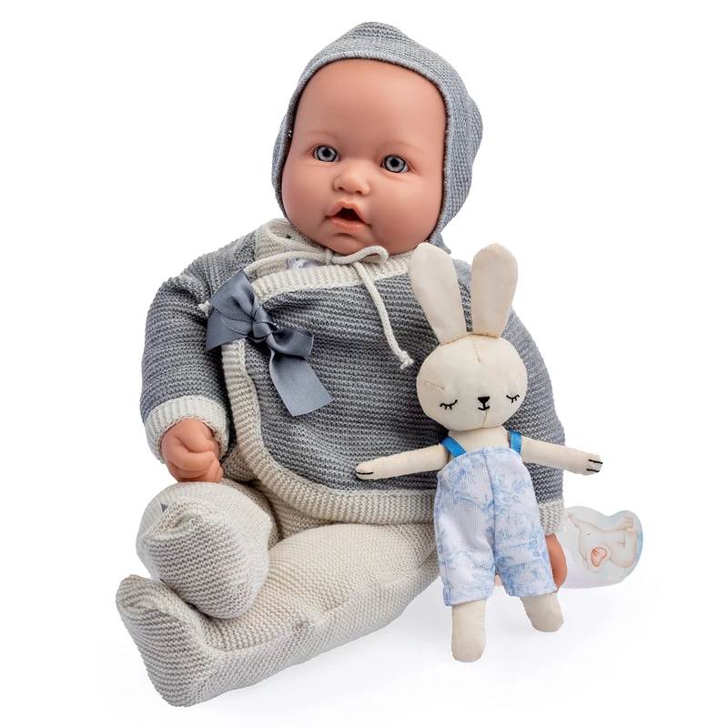 JC Toys - Vintage Doll La Baby Original Collection 43 cm, Soft Fabric Body, Knitwear, Pacifier and Plush, Closed Eyes, Beige and Grey, Child, Designed in Spain by Berenguer, +2 years