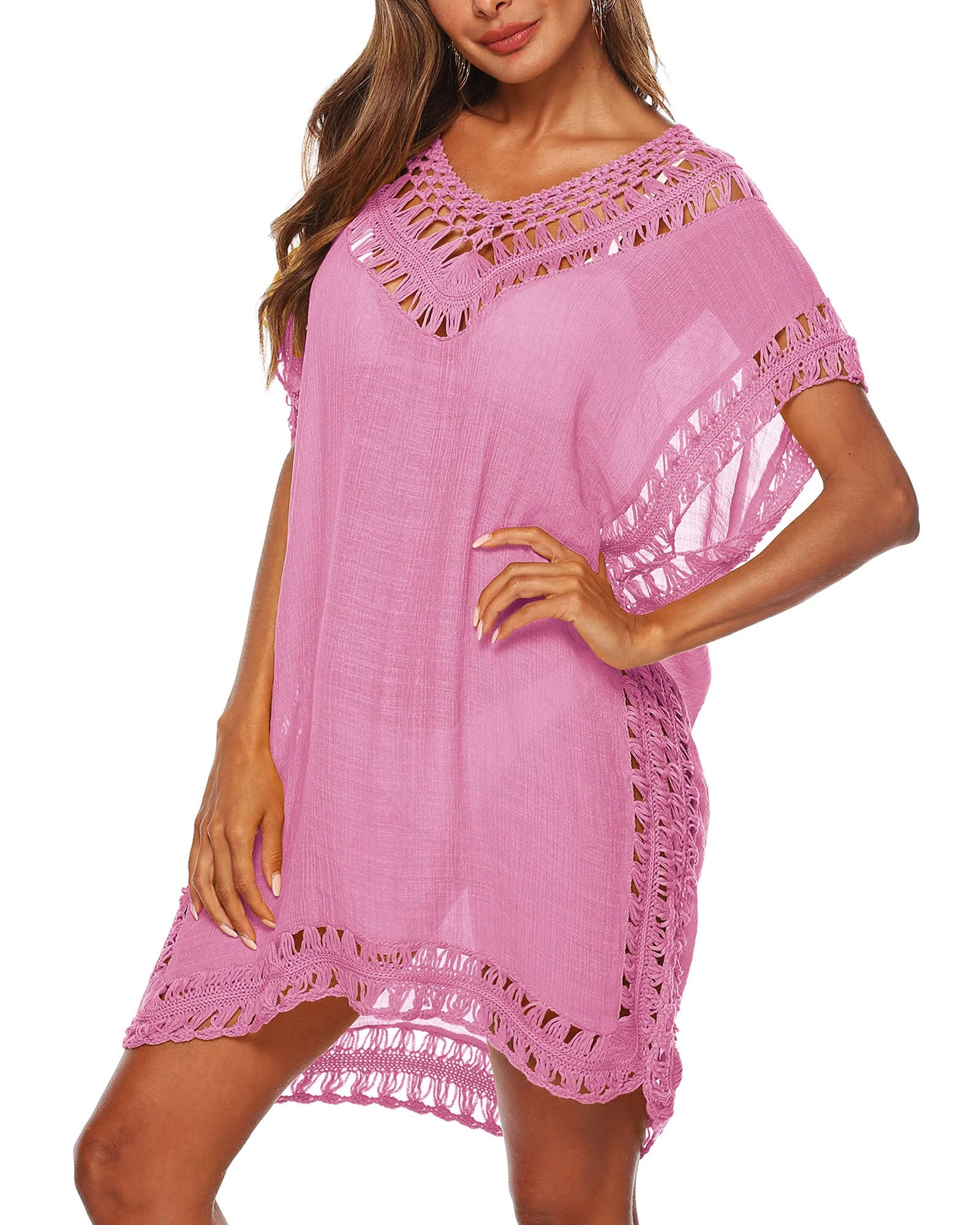 SANSIWU Women Swimsuit Cover Ups Solid Color Cutout Beach Cover Ups V-Neck Short Sleeve Hollow Out Crochet Dress Beachwear (Pink, One Size)