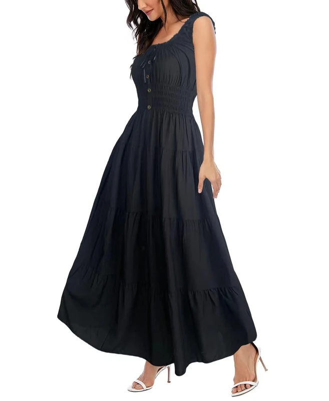 OSTOO Women’s Sleeveless Summer Flowy Printed Boho Maxi Long Dress Dresses for Wedding Guest, Black 1, L