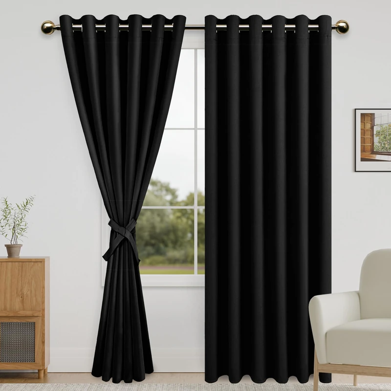 DWCN Black Blackout Curtains for Bedroom with Tiebacks - Thermal Insulated Light Blocking Grommet Window Curtains for Living Room, 70 x 84 inch Length, Set of 2 Panels
