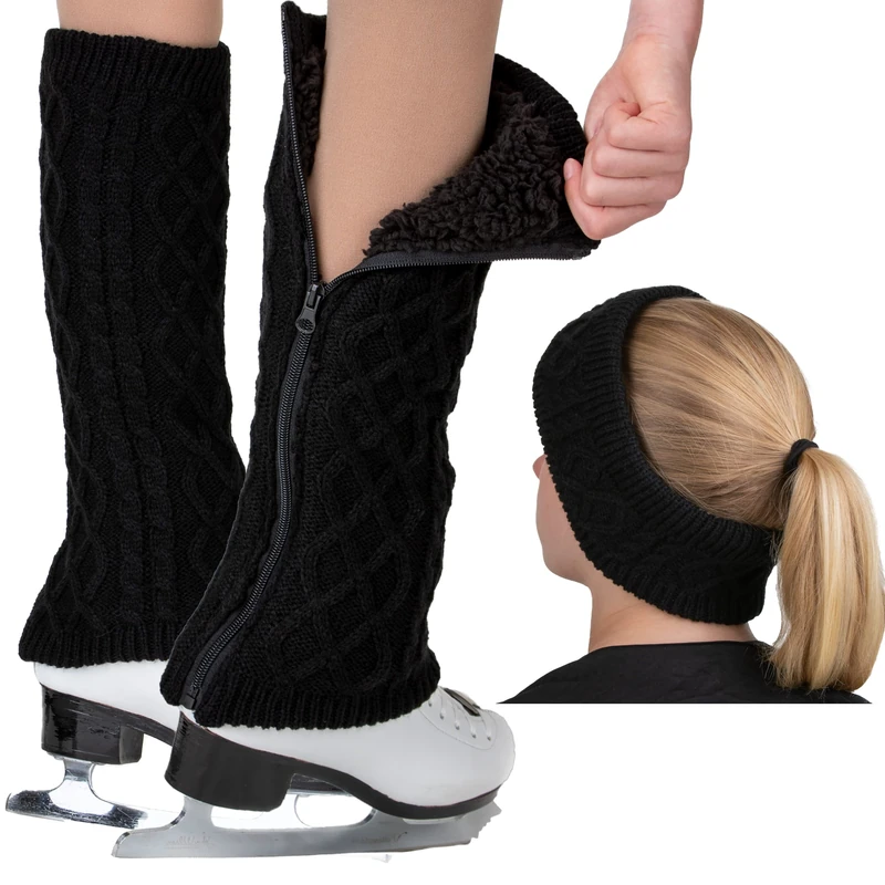 CRS Cross Leg Warmers and Headband Set for Figure Skating. Zipper Easy On/Off. Warm Knit Fleece Lined, Black - Long, Long