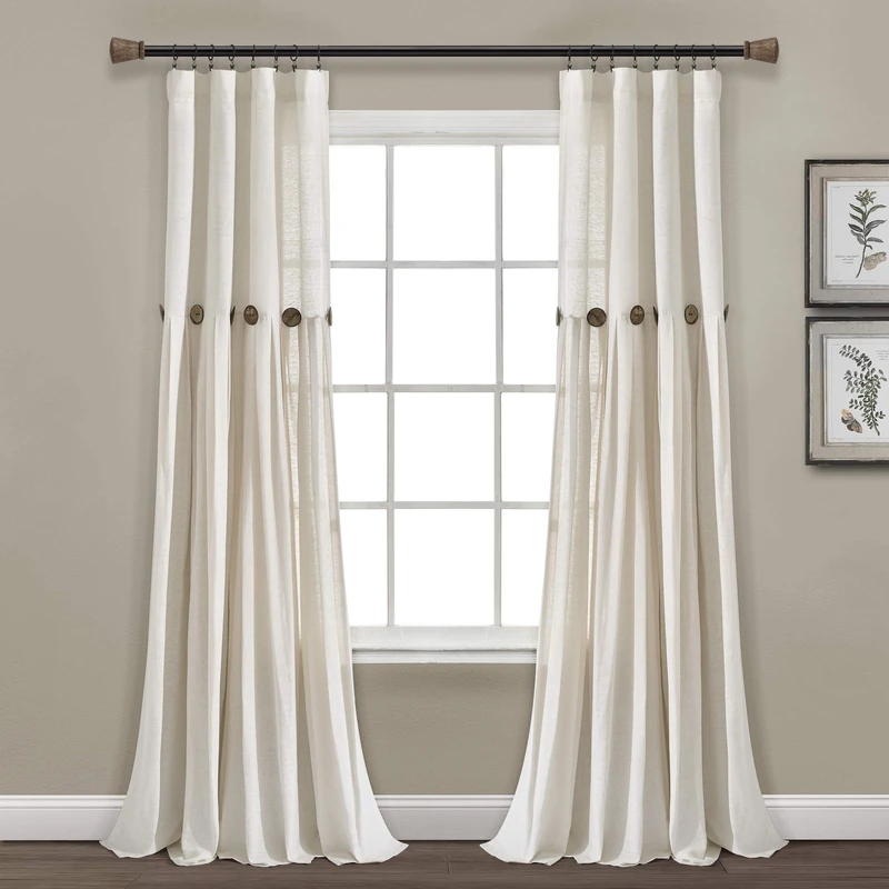 Lush Decor Linen Button Window Curtain Panel, Single, 40" W x 108" L, Off White - Country Curtains - Rustic Decor -Color Block Modern Farmhouse Curtains For Living Room, Bedroom & Dining Room