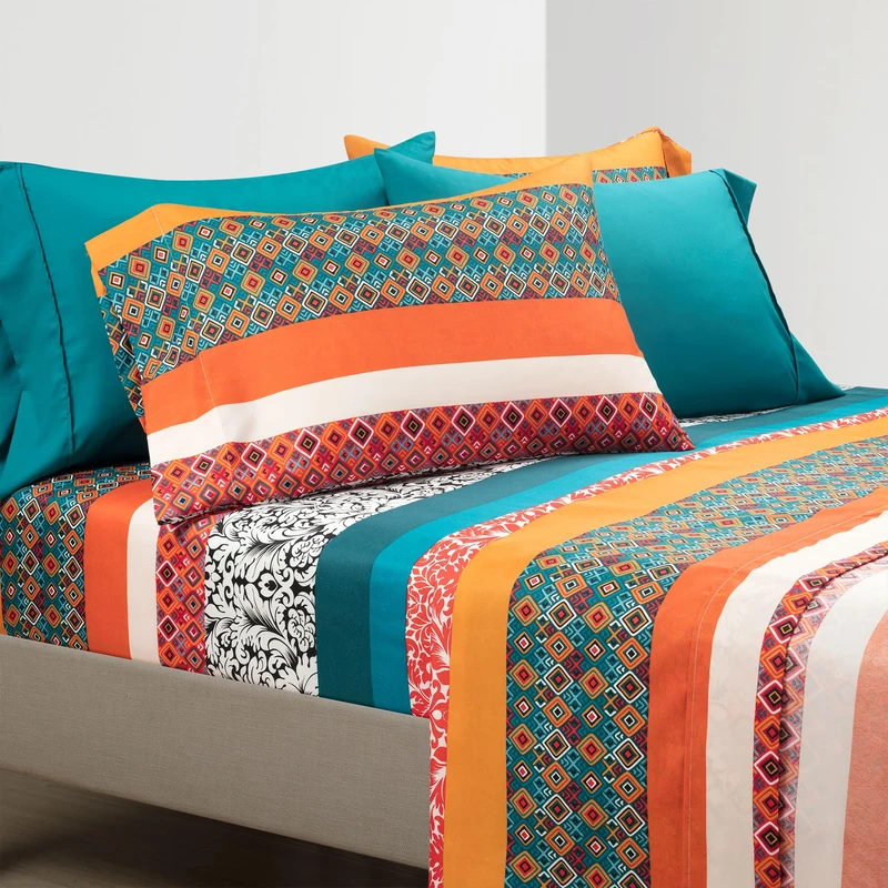 Lush Decor Boho Stripe Soft Sheet 6 Piece Set, King, Turquoise & Tangerine