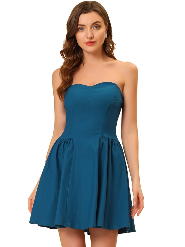 Allegra K Women's Sexy Strapless Party Dress Sweetheart Neck Off Shoulder Sleeveless Mini Dress, Blue, S