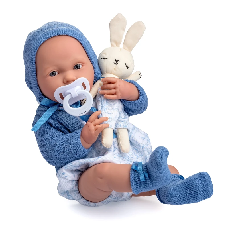 JC TOYS - La Newborn Newborn Doll, 38 cm, Soft Vinyl, Royal Collection, Clothes with Toile de Jouy Pattern, Pacifier and Plush, Child, Blue, Designed in Spain by Berenguer, 2 years