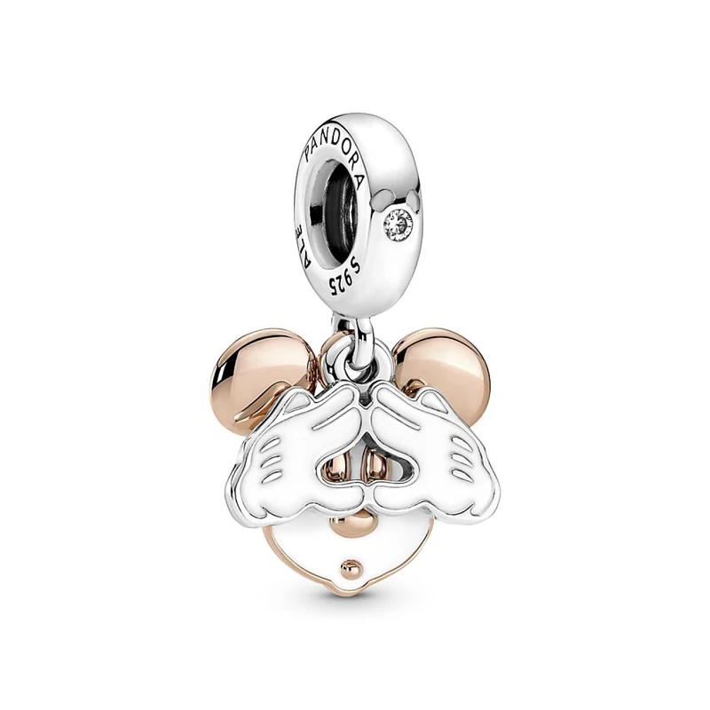 Pandora Disney Mickey Mouse sterling silver and 14k rose gold-plated double dangle with clear cubic zirconia and white enamel