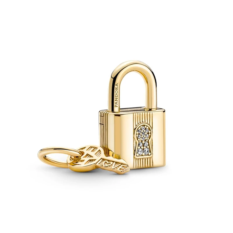 PANDORA Padlock & Key Dangle Charm - 14k Gold Bracelet Charm Compatible Moments - Gift for Her - No Box