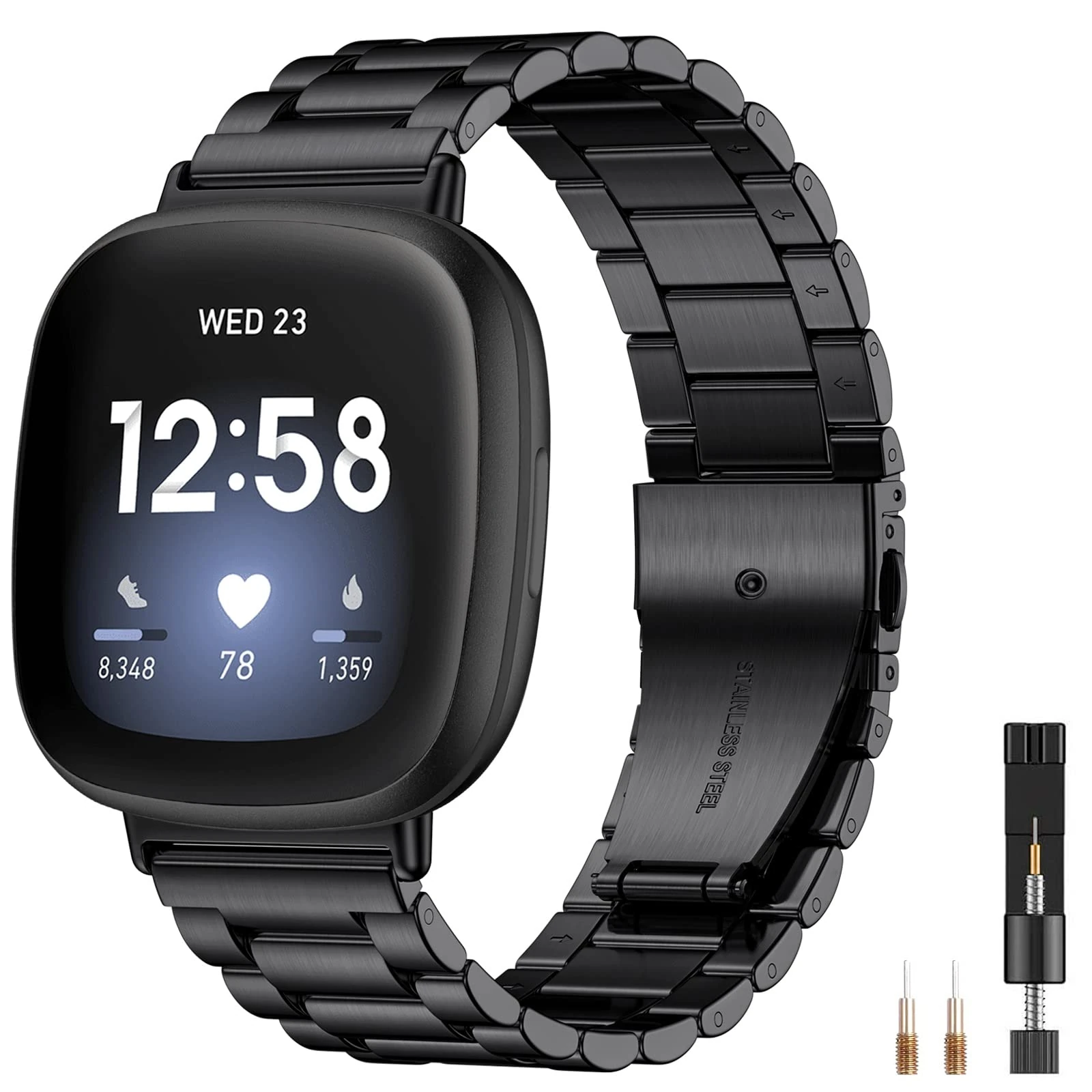 CeMiKa Compatible with Fitbit Versa 3 Bracelet/Fitbit Sense Bracelet, Adjustable Metal Stainless Steel Replacement Strap with Double Deployment Buckle for Fitbit Versa 3/Sense, Black