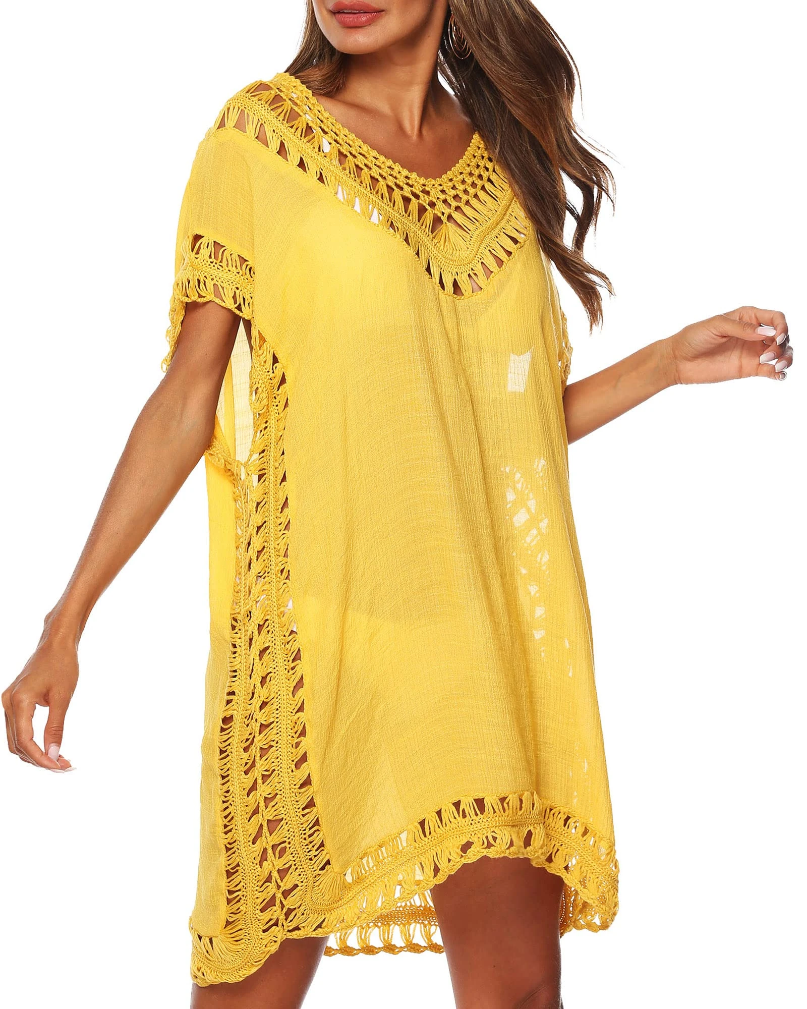 Women Swimsuit Cover Ups Solid Color Cutout Beach Cover Ups V-Neck Short Sleeve Hollow Out Crochet Dress Beachwear (Yellow, One Size)