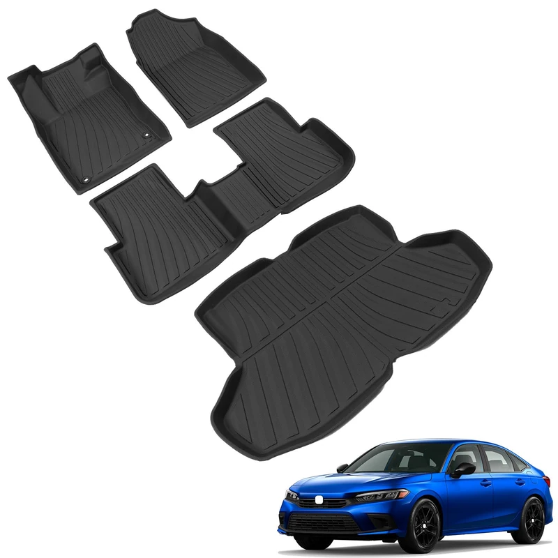 powoq Fit 2022 Honda Civic Sedan TPE Trunk Mat All Weather Cargo Mat Waterproof Cargo Liners Trunk Liner for 2020 2021 2022 Honda Civic Accessories (Rear Cargo Mat+Floor Mat) - Image 1