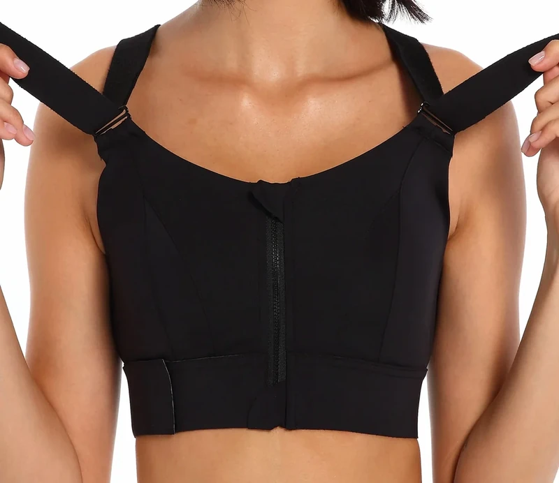 CLOUSPO Women Sports Bra Front Fastening High Impact Zip Front Post Surgery Running Yoga Zip Front Bras Crop Top with Adjustable Straps(L, Black)