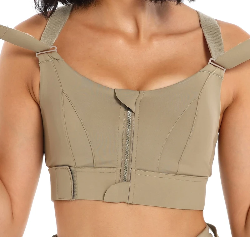 CLOUSPO Women Sports Bra Front Fastening High Impact Zip Front Post Surgery Running Yoga Zip Front Bras Crop Top with Adjustable Straps (L, Green)