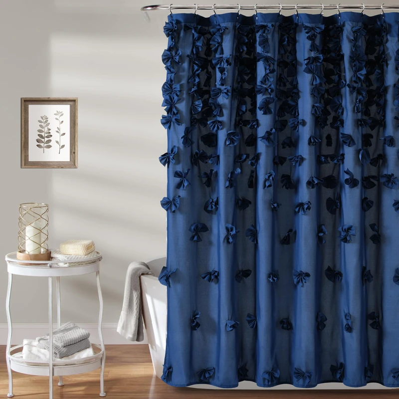 Lush Decor Riley Shower Curtain, 72" W x 72" L, Navy - Luxury Shower Curtain With Bows - Charming Texture - Beautiful & Elegant Girly Bathroom Accessory - Romantic, Vintage Glam Bathroom Decor