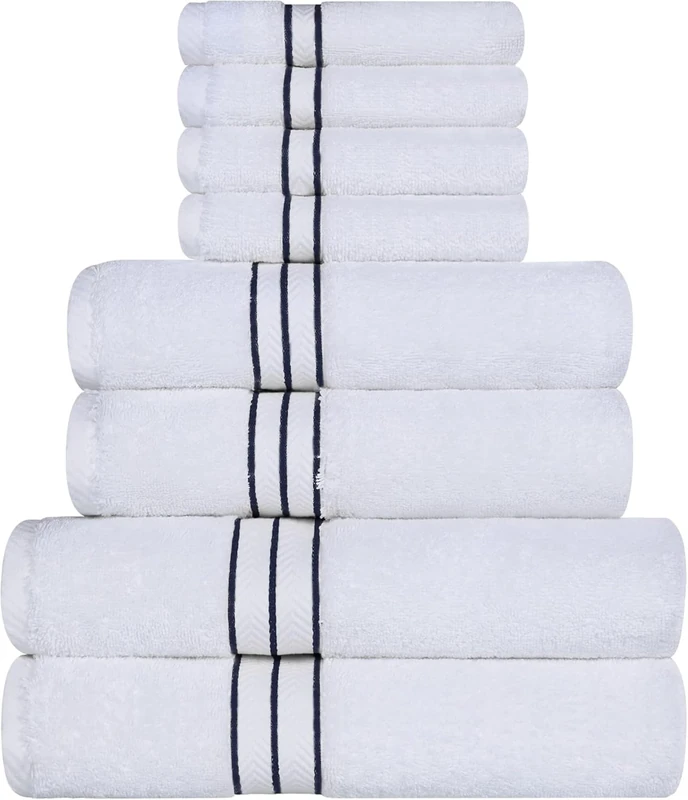 Superior Towel Set, 100% Turkish Cotton 800 GSM, Ideal for Master Bath, Guest Bathroom, or Beach, Ultra-Plush, Set Includes; 8 Pieces, Face/Washcloths, Hand Towels, Bath Towels, Navy Blue