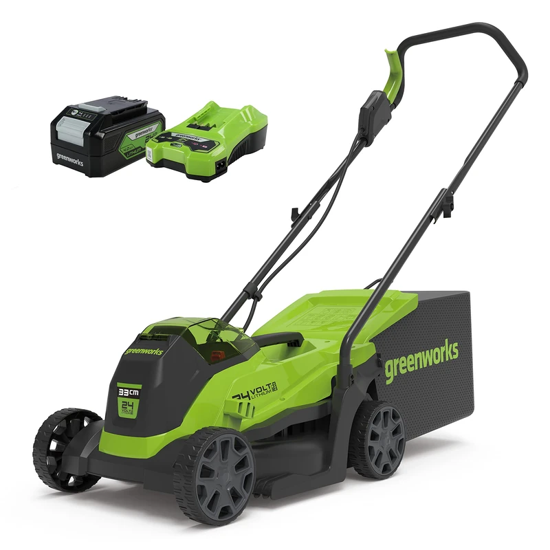 Greenworks Cordless Lawnmower 24V 33cm Incl. Battery 4Ah and Charger, Up to 300m² Mulching 30L 5-Level Cutting Height GD24LM33K4