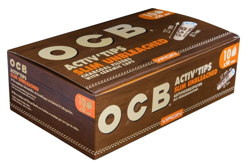 OCB 19823 ActivTips Slim Unbleached 7mm Virgin Activated Carbon Filter with Ceramic Caps 10 x 50 500 Pieces Paper - Image 1