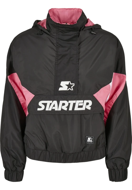 Starter Black Label Women's Ladies Starter Colorblock Half-Zip Windbreaker Jacket, Black/Pinkgrapefruit, XS