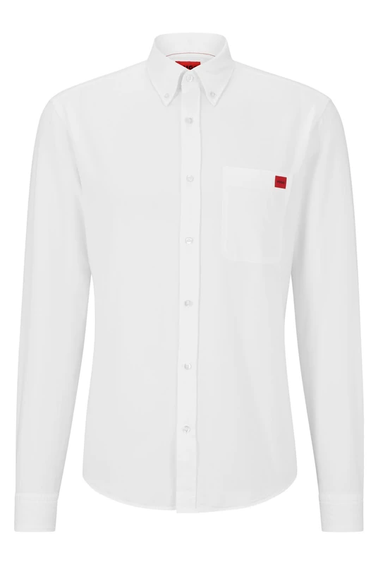 HUGO Mens Evito Oxford-Cotton Slim-fit Shirt with red Logo Label - Image 1