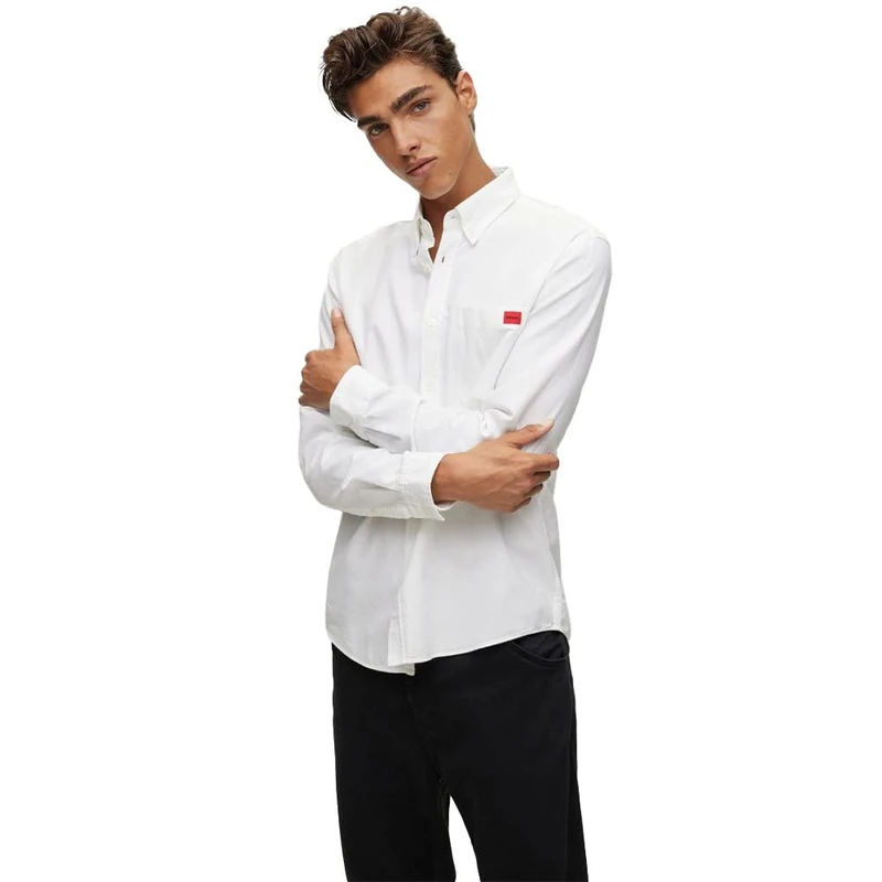HUGO Mens Evito Oxford-Cotton Slim-fit Shirt with red Logo Label