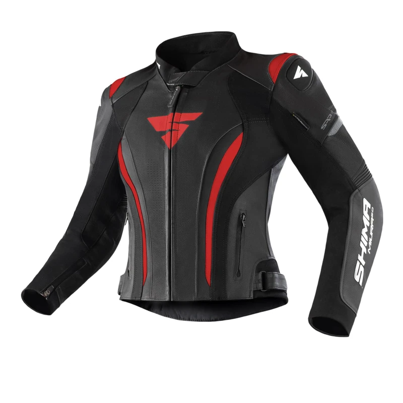 SHIMA Miura 2.0 Motorbike Jacket - Leather, women, sport jacket with back, elbows, shoulders protectors, perforated leather, for 2-piece suit (42, Black/Red)