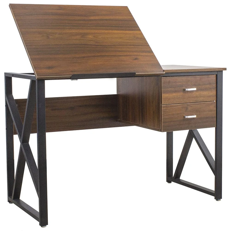 BAKAJI Desk Reclining Chest 2 Drawers Computer Table Walnut, Metal, Wood, 110 x 75 x 55 cm - Image 1
