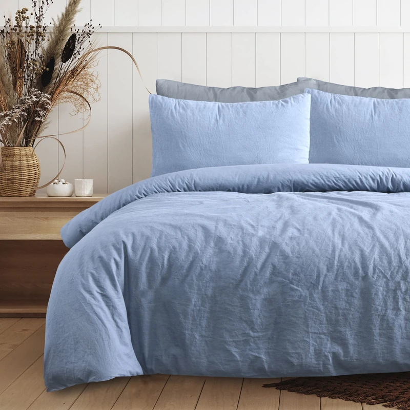 Sleepdown 100% Pure Cotton Plain Dye Denim Blue Duvet Cover Quilt Pillow Cases Bedding Set Soft Easy Care - King (230cm x 220cm)