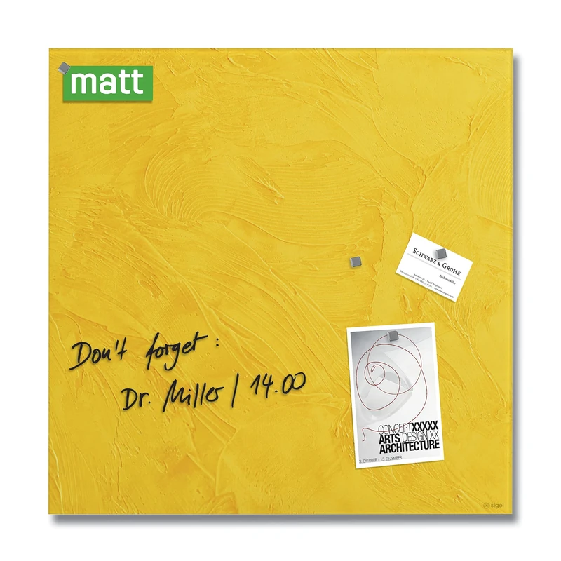 SIGEL GL293 Premium Glass magnetic Board, matt surface, 48 x 48 cm, easy mounting, Yellow - Artverum