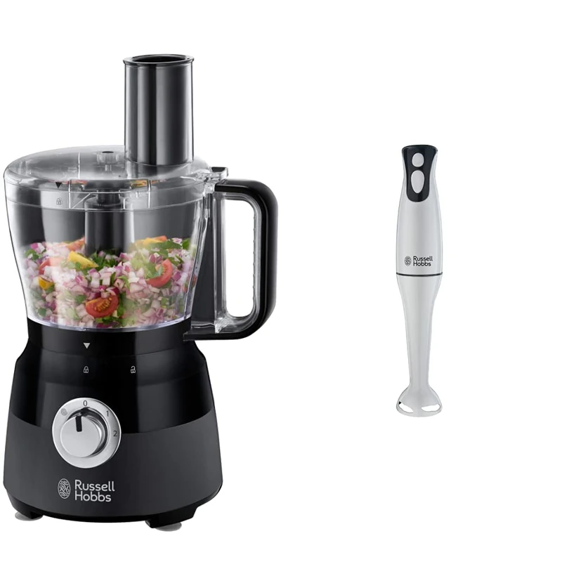 Russell Hobbs 24732 Desire Food Processor, 1.5 Litre Food Mixer with 5 Chopping, Slicing and Dough Attachments, Matte Black, 600 W & 22241 Food Collection Hand Blender, 200 W - White