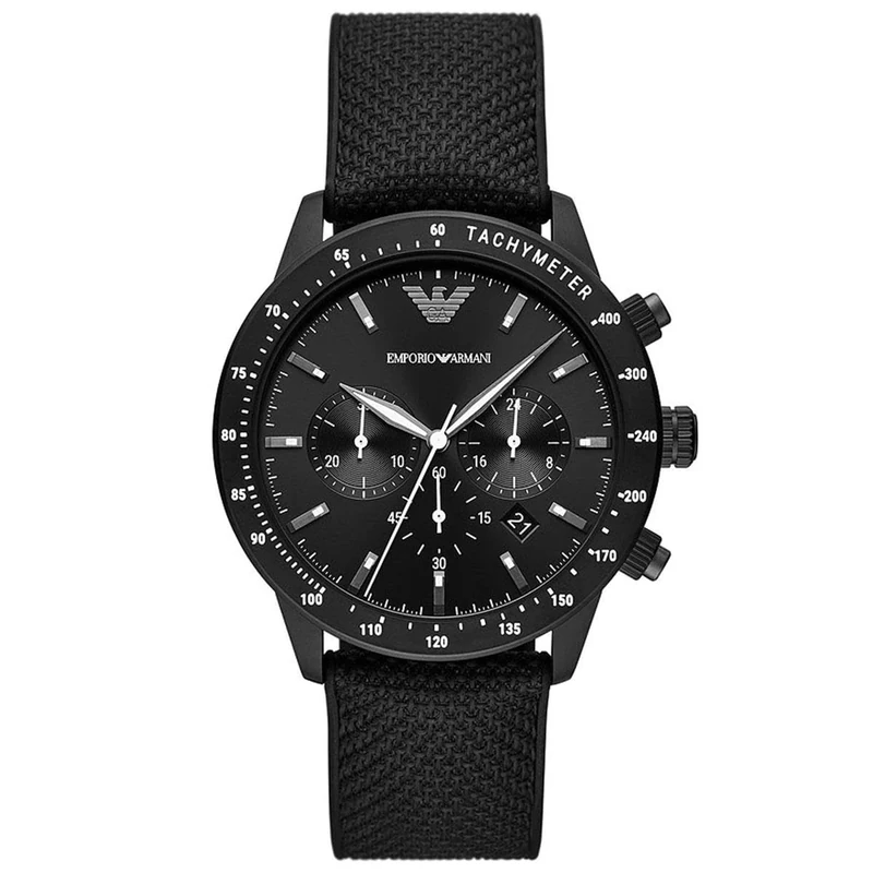 Emporio Armani Watch for Men, Chronograph Movement, 43 mm Black Stainless Steel Case with a Fabric Strap, AR11453