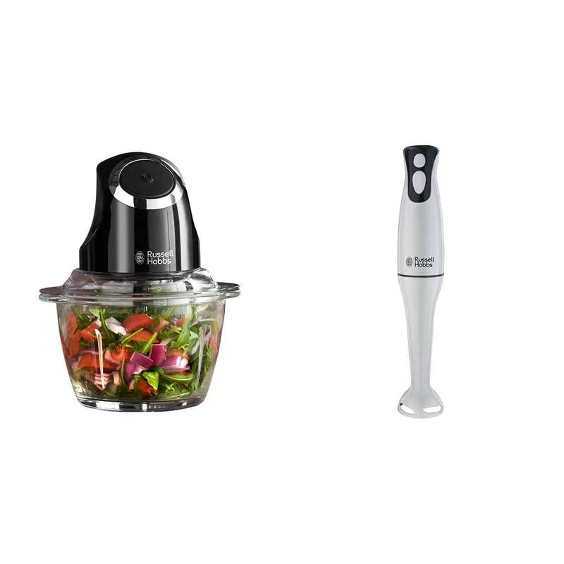 Russell Hobbs 24662 Desire Mini Chopper, Vegetable and Onion Chopper, 500 ml Capacity Glass Bowl, Matte Black, 200 W & 22241 Food Collection Hand Blender, 200 W - White
