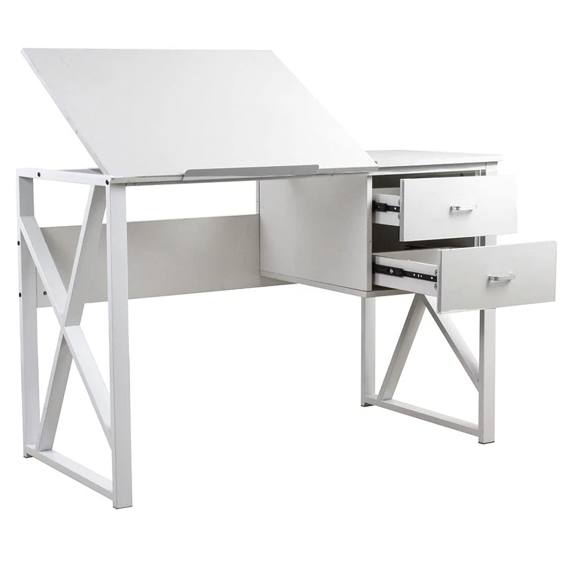 BAKAJI Desk with Chest of 2 Drawers and Reclining Top Work Table Computer Computer Metal Frame and MDF Wood Top Home Office Furniture 110 x 75 x 55 cm (White) - Image 1