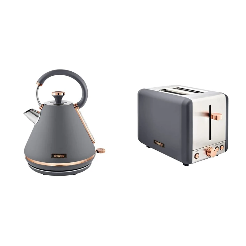 Tower T10044RGG Cavaletto Pyramid Kettle with Fast Boil, Grey and Rose Gold & T20036RGG Cavaletto 2-Slice Toaster with Defrost/Reheat, Stainless Steel, 850 W, Grey and Rose Gold