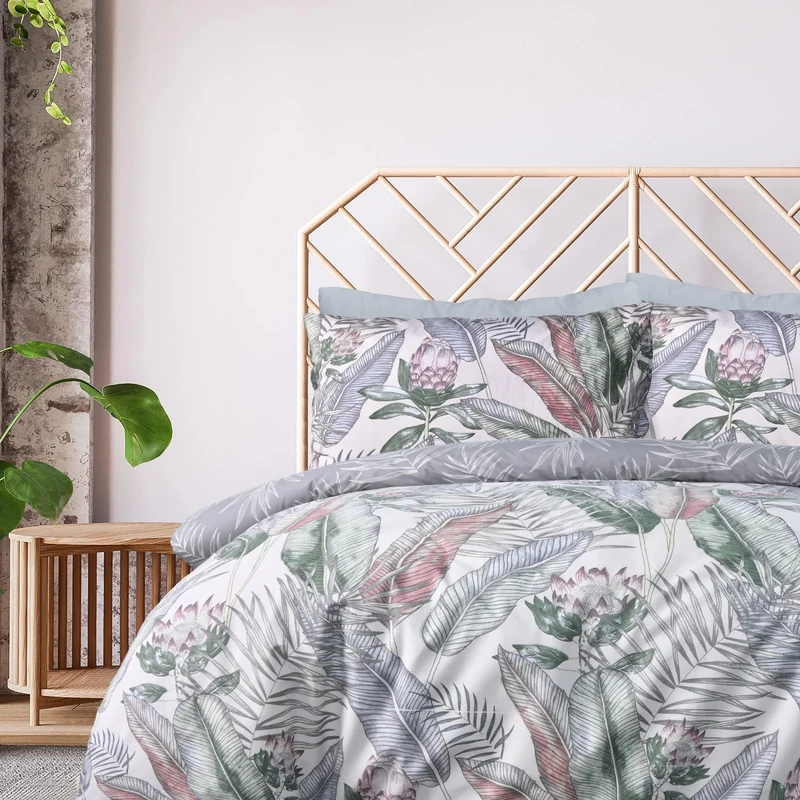 Sleepdown 100% Pure Cotton Leaf Floral Multi Tropics Grey Reverisble Duvet Cover Quilt Pillow Cases Bedding Set Soft Easy Care - Double (200cm x 200cm)
