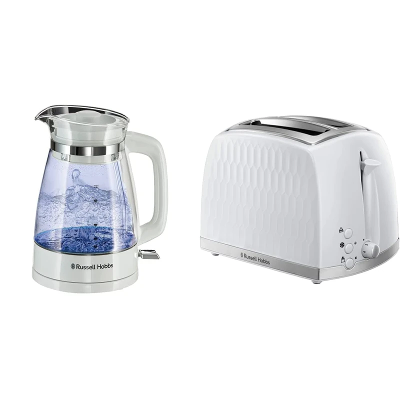 Russell Hobbs 26081 Classic Glass Kettle White & 26060 2 Slice Toaster - Contemporary Honeycomb Design with Extra Wide Slots and High Lift Feature, White - Image 1