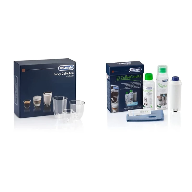 De'Longhi 5513296671 DLSC302 Delonghi Fancy Box 6er Set Thermo Glasses, Clear & Coffee Care Kit