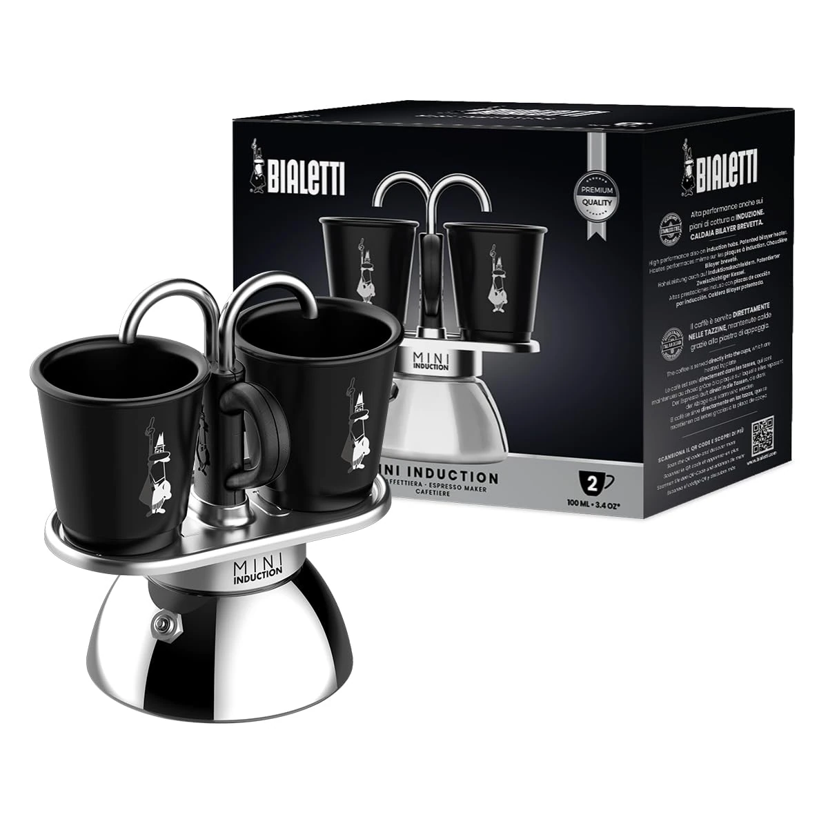 Bialetti Mini Express Induction Coffee Maker, Aluminium, Black, 2 Cups