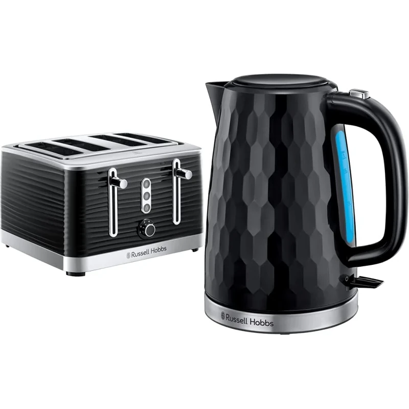 Russell Hobbs 24381 Inspire High Gloss Plastic Four Slice Toaster, Black & 26051 Cordless Electric Kettle - Contemporary Honeycomb Design with Fast Boil and Boil Dry Protection, Black
